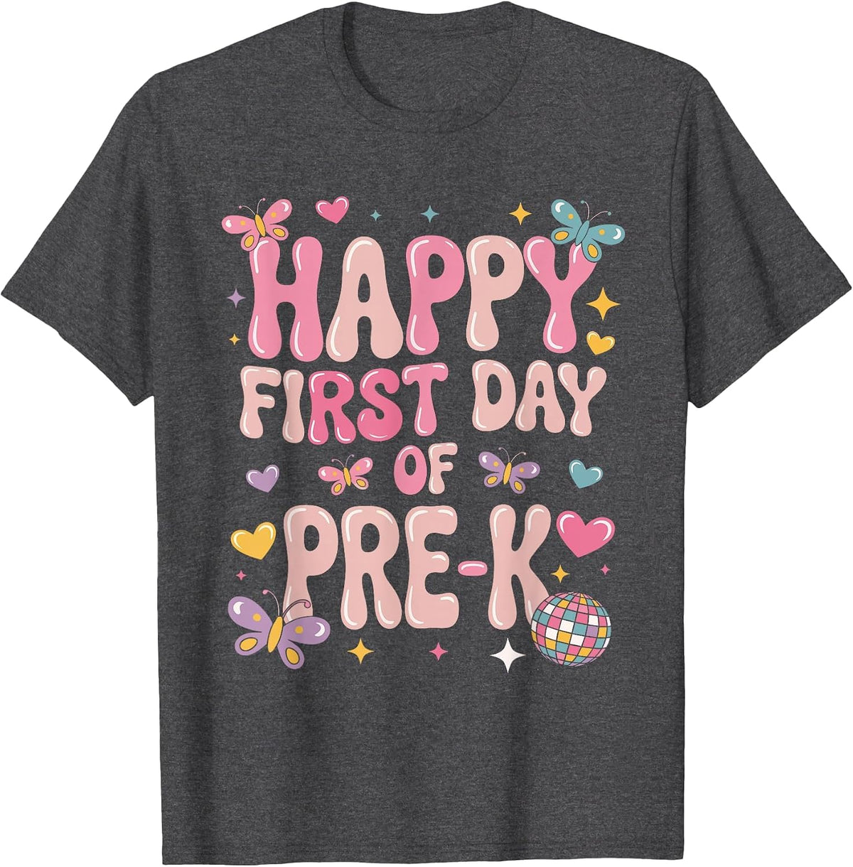 Happy First Day of Pre-K Girls Groovy Disco Back to School T-Shirt - Dark Heather Grey