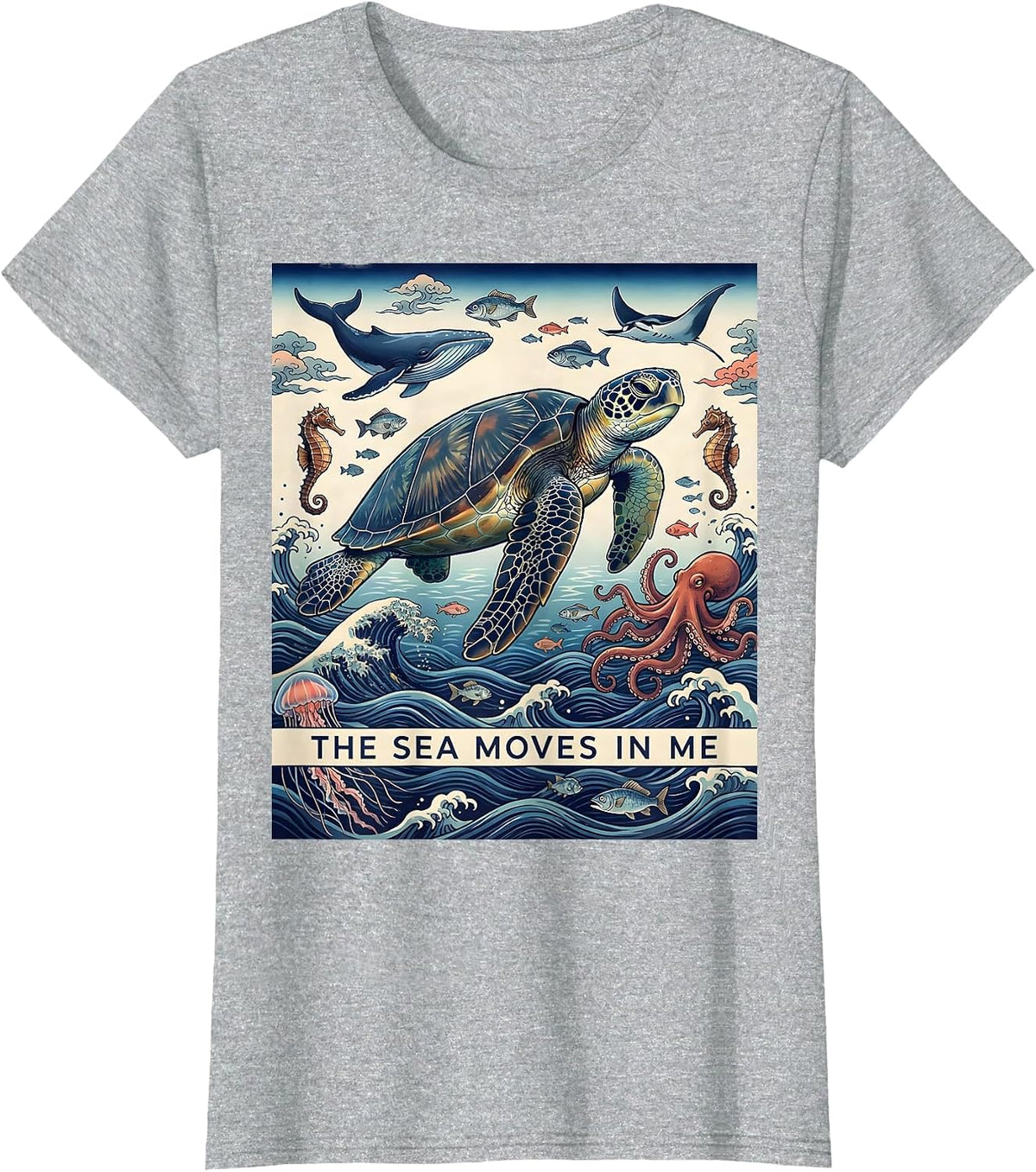 Women's The Sea Moves In Me Ukiyo-e Ocean Nature Marine Life Lover T-Shirt - Heather Grey