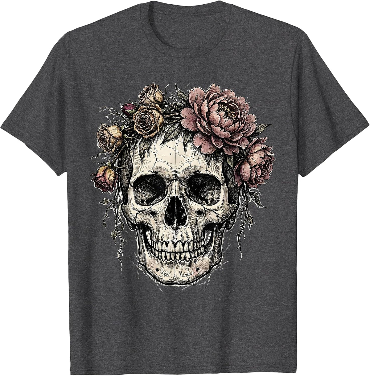 Skull Crowned With Wilting Flowers Emo Design T-Shirt - Dark Heather Grey