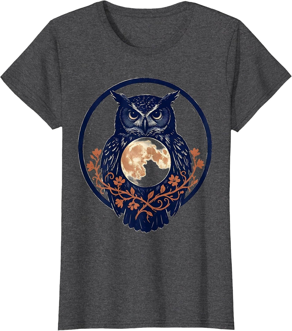Women's Sealed Owl Moon Boho Floral Mystical Graphic T-Shirt - Dark Heather Grey