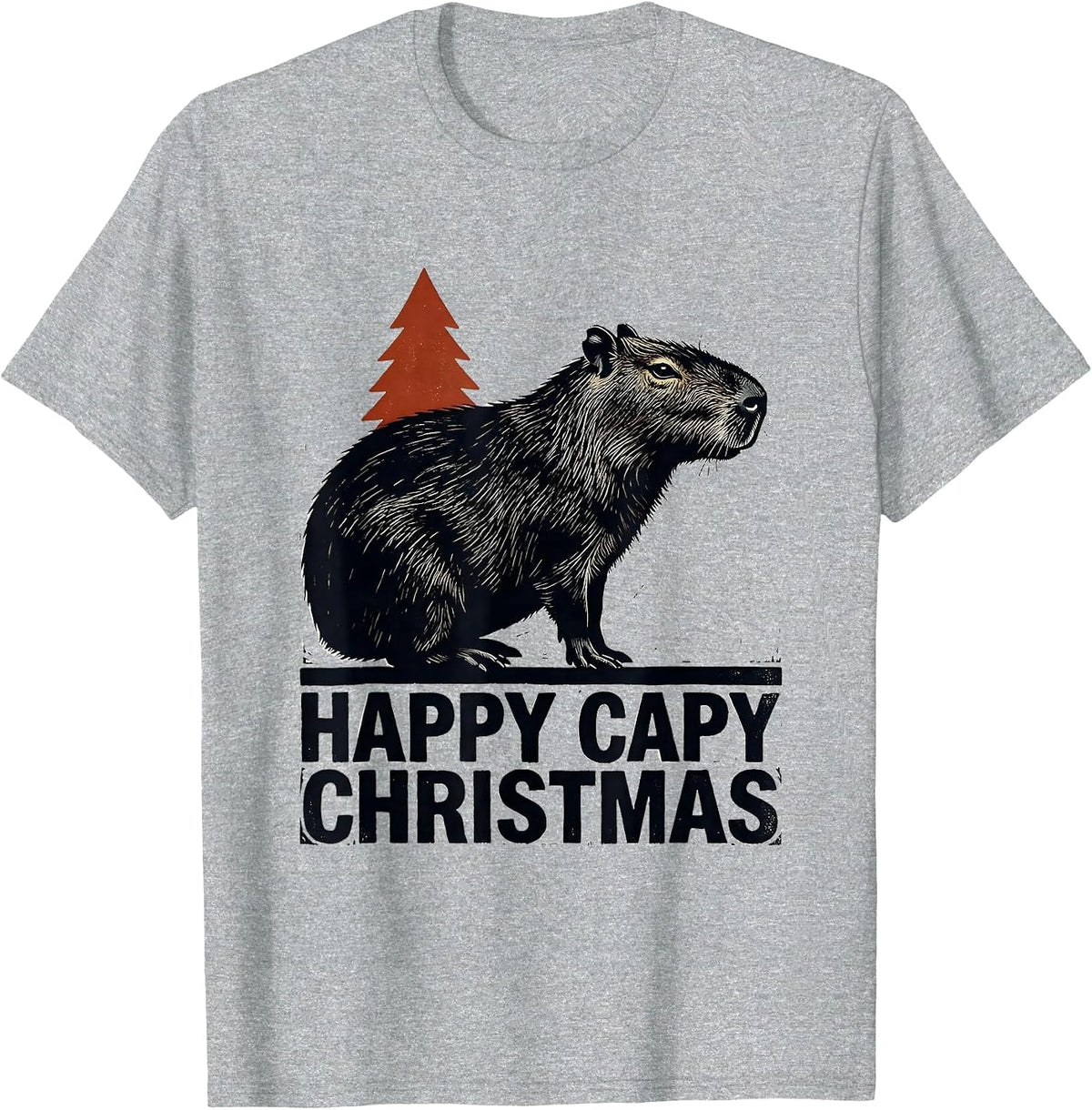 Men's Happy Capy Christmas Linocut Capybara Lover Family Humor T-Shirt - Heather Grey