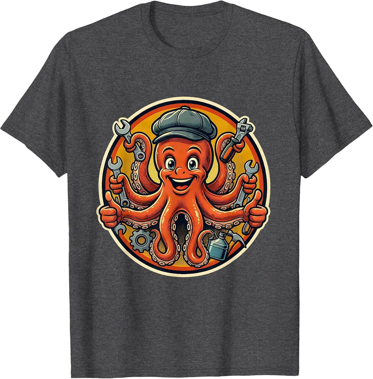 Men's Octopus Mechanic Graphic Tee Funny Auto Repair T-Shirt - Dark Heather Grey
