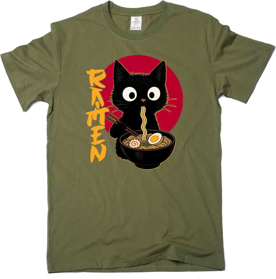 Men's Funny Ramen cat T-Shirt cat Eating Ramen Funny cat pet Food Tee - Military Green