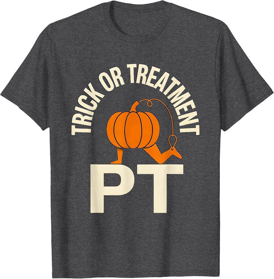 Men's Trick Or Treatment PT Physical Therapy Halloween Therapist T-Shirt - Dark Heather Grey