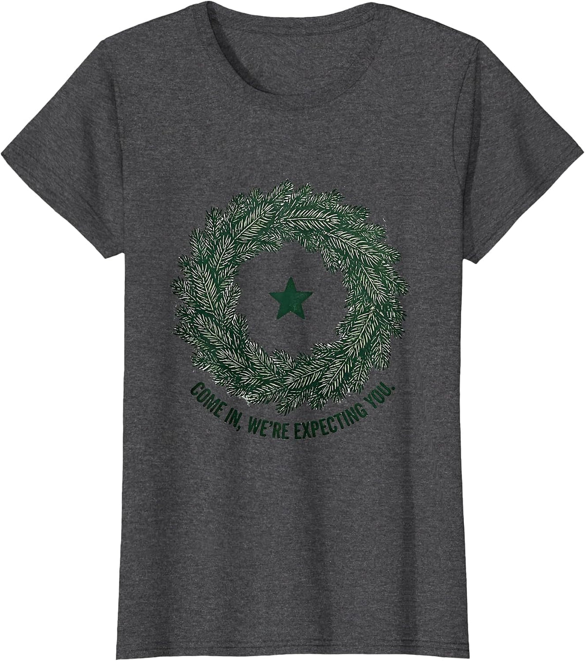 Women's Come In, We're Expecting You Rubber Stamp Family Christmas T-Shirt - Dark Heather Grey