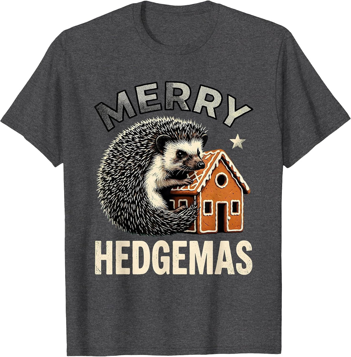 Merry Hedgemas Retro Cartoon Hedgehog Christmas Humor T-Shirt - Dark Heather Grey