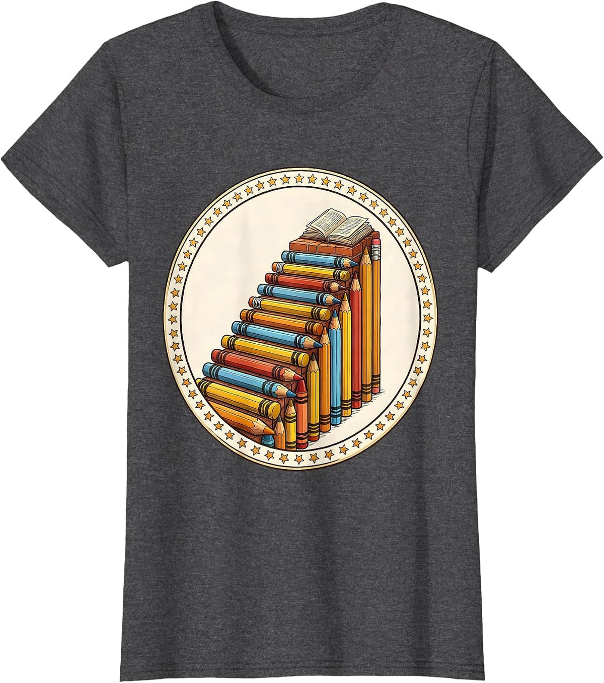 Women's Special Education Crayon Pencil Staircase Design T-Shirt - Dark Heather Grey