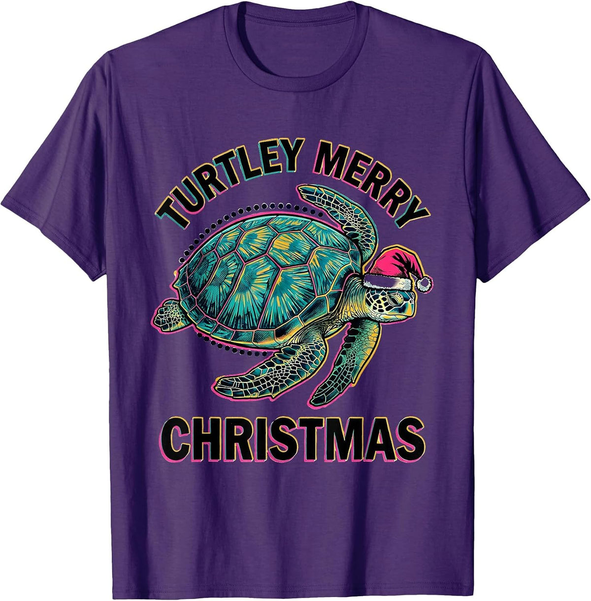 Men's Turtley Merry Christmas Risograph Sea Turtle Santa Hat T-Shirt - Purple