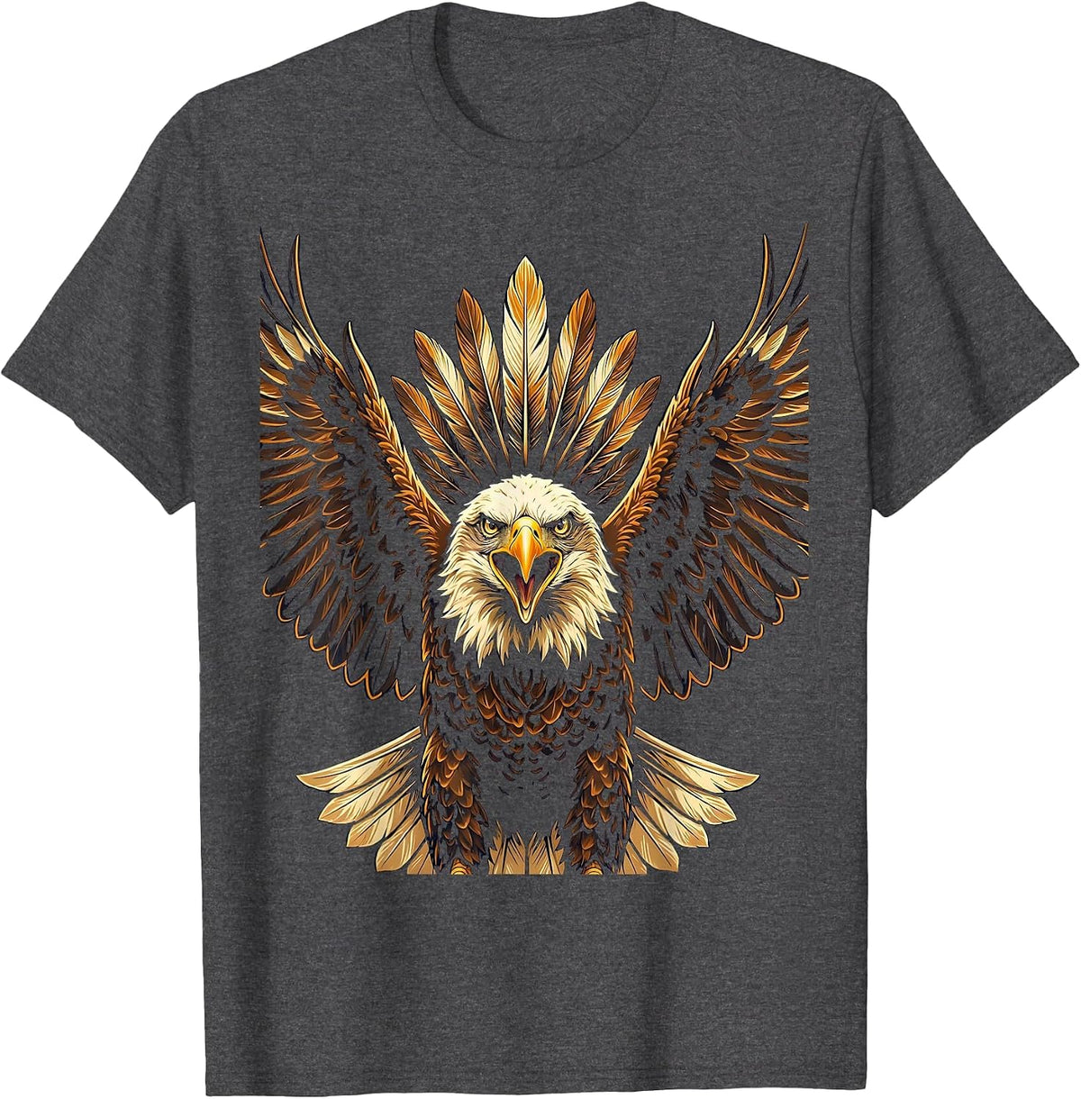 Eagle Mid-Screech Fully Spread Wings Illustration T-Shirt - Dark Heather Grey