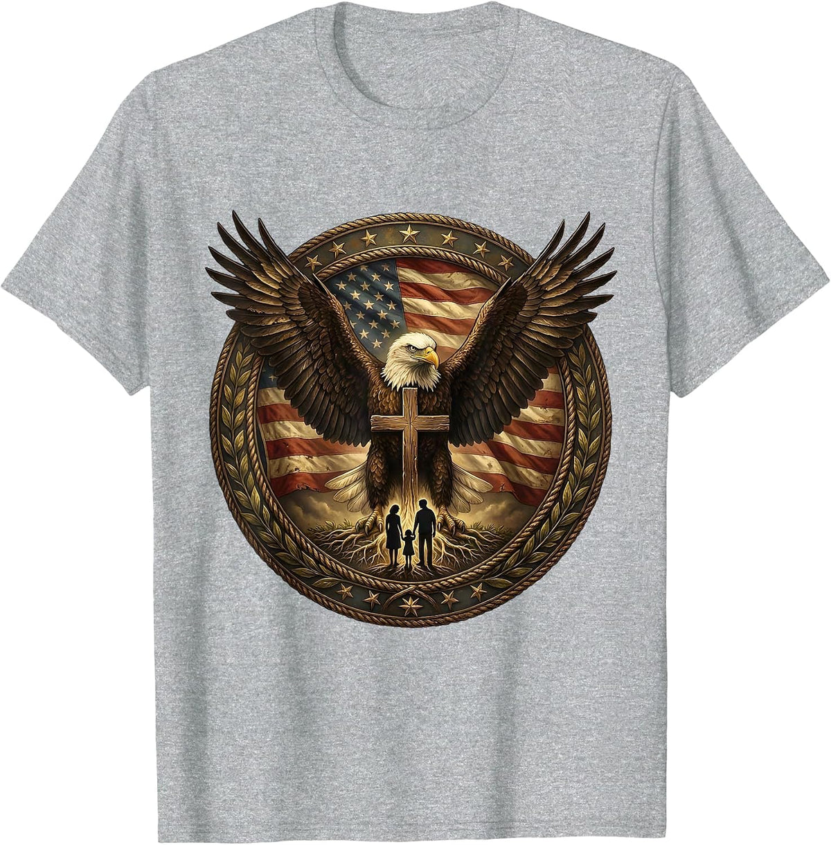 Men's Eagle Sheltering Family God Family Country Design T-Shirt - Heather Grey