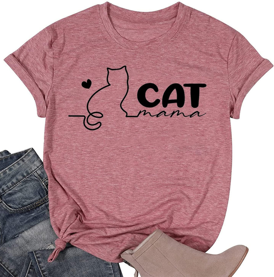 TSIIUO Women's Cat Mama T-Shirt Funny Pet Lover Gifts Cat Mom Print Short Sleeve Cute Cat Graphic Tees Casual Tops - Pink