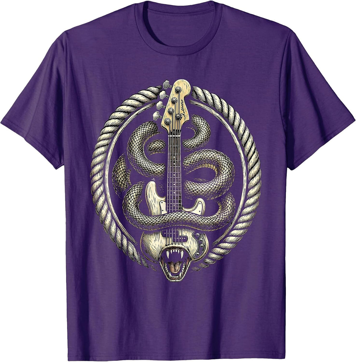 Bass Guitar Serpent Morph Rock Band Graphic T-Shirt - Purple