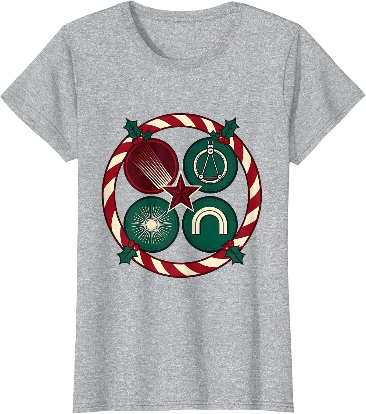 Women's Candy Cane Radiology Tech Holiday Screenprint Badge T-Shirt - Heather Grey