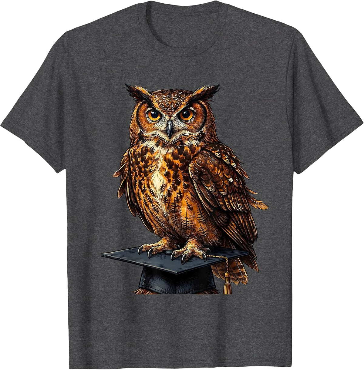 Wise Owl Graduation Cap Illustration T-Shirt - Dark Heather Grey