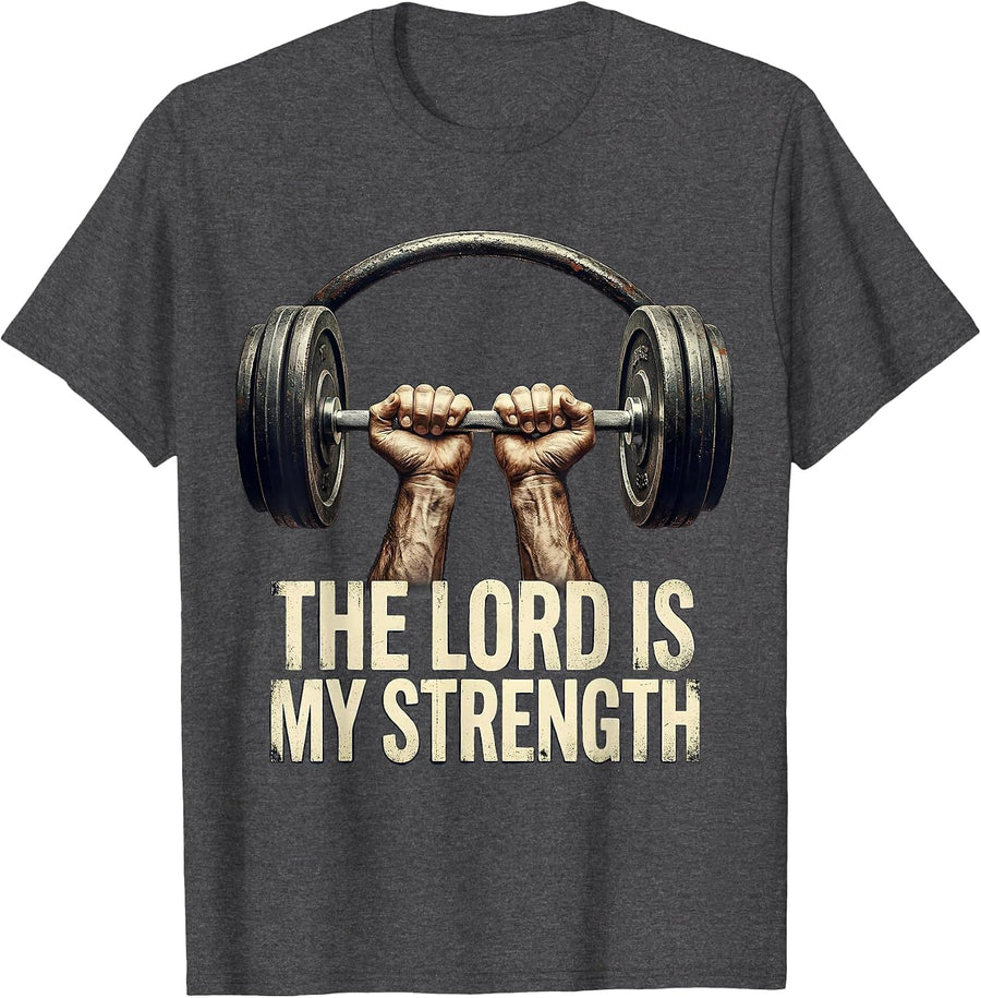 Men's The Lord Is My Strength Vintage Christian Gym Weightlifter T-Shirt - Dark Heather Grey