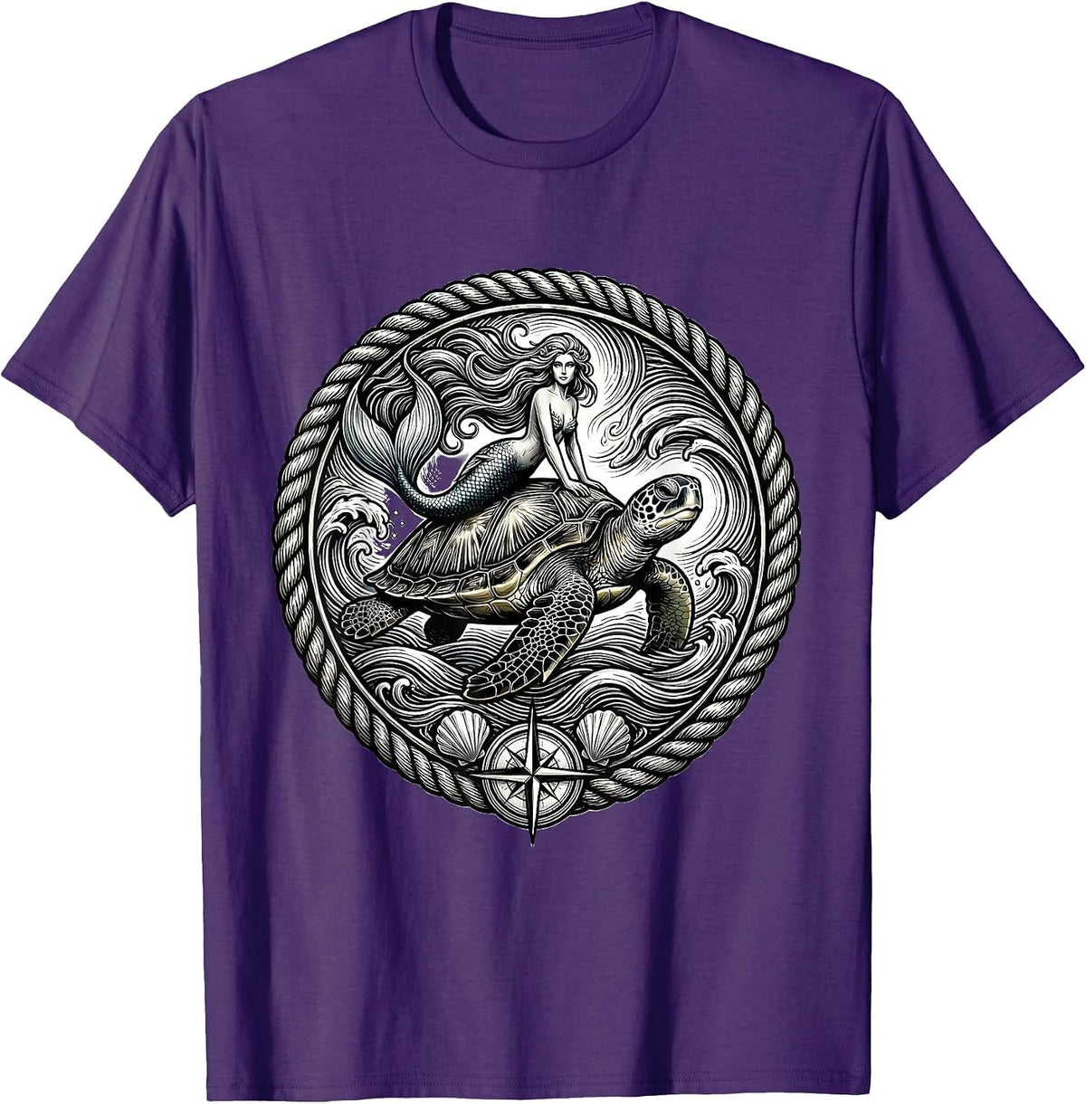 Men's Mermaid Riding Giant Sea Turtle Ocean Waves T-Shirt - Purple