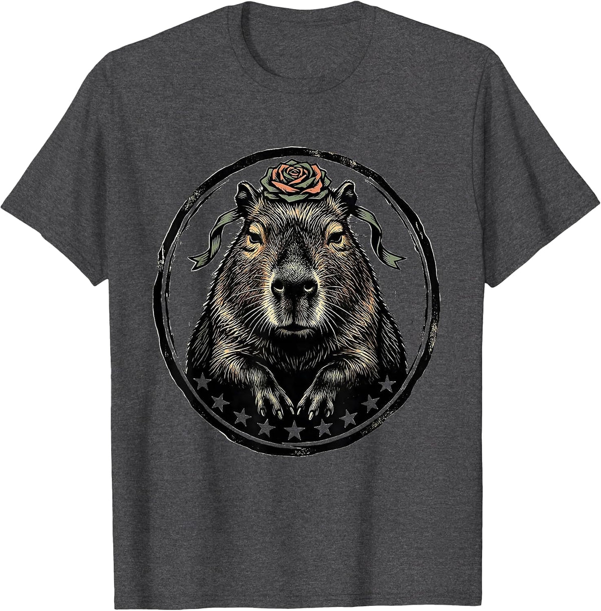 Seated Capybara Linocut Sarcastic Humor Novelty T-Shirt - Dark Heather Grey