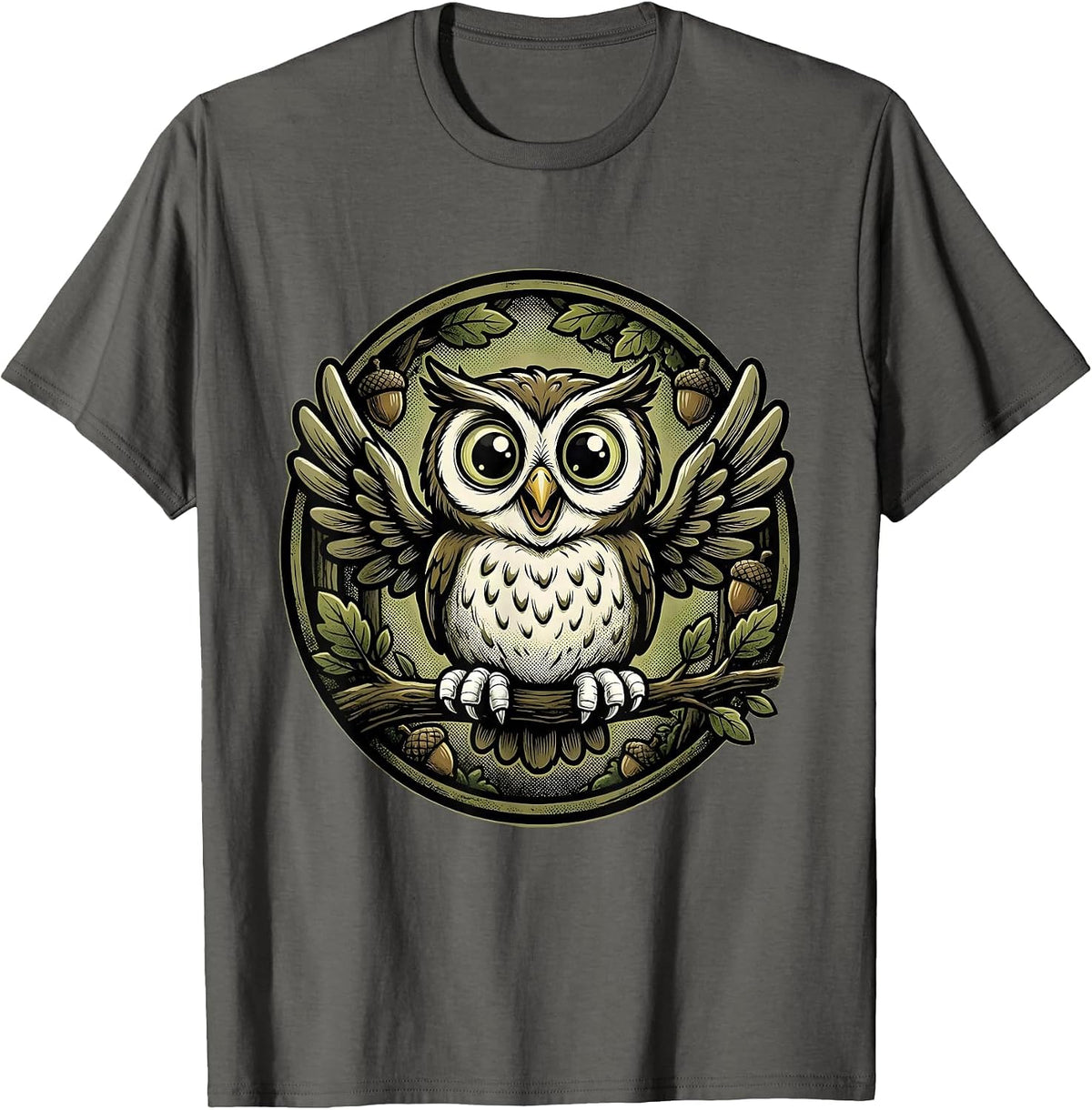 Men's Youth Camo Owl Perched on Branch Forest Art T-Shirt - Asphalt Grey