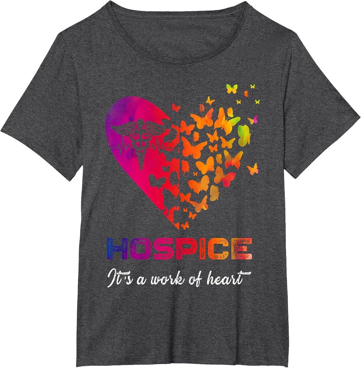 Heart Butterflies Hospice Nurse Appreciation Nursing Scrubs T-Shirt - Dark Heather Grey