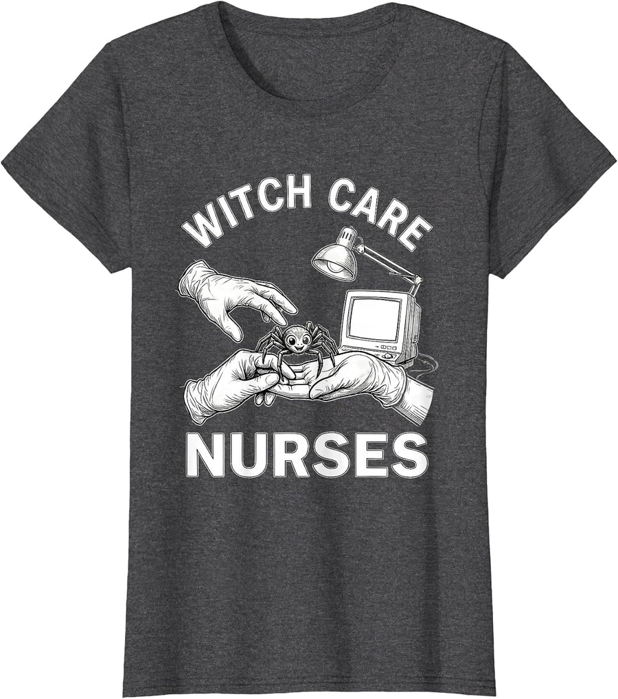 Women's Witch Care Nurses Funny Halloween Nurse Healthcare Crew T-Shirt - Dark Heather Grey