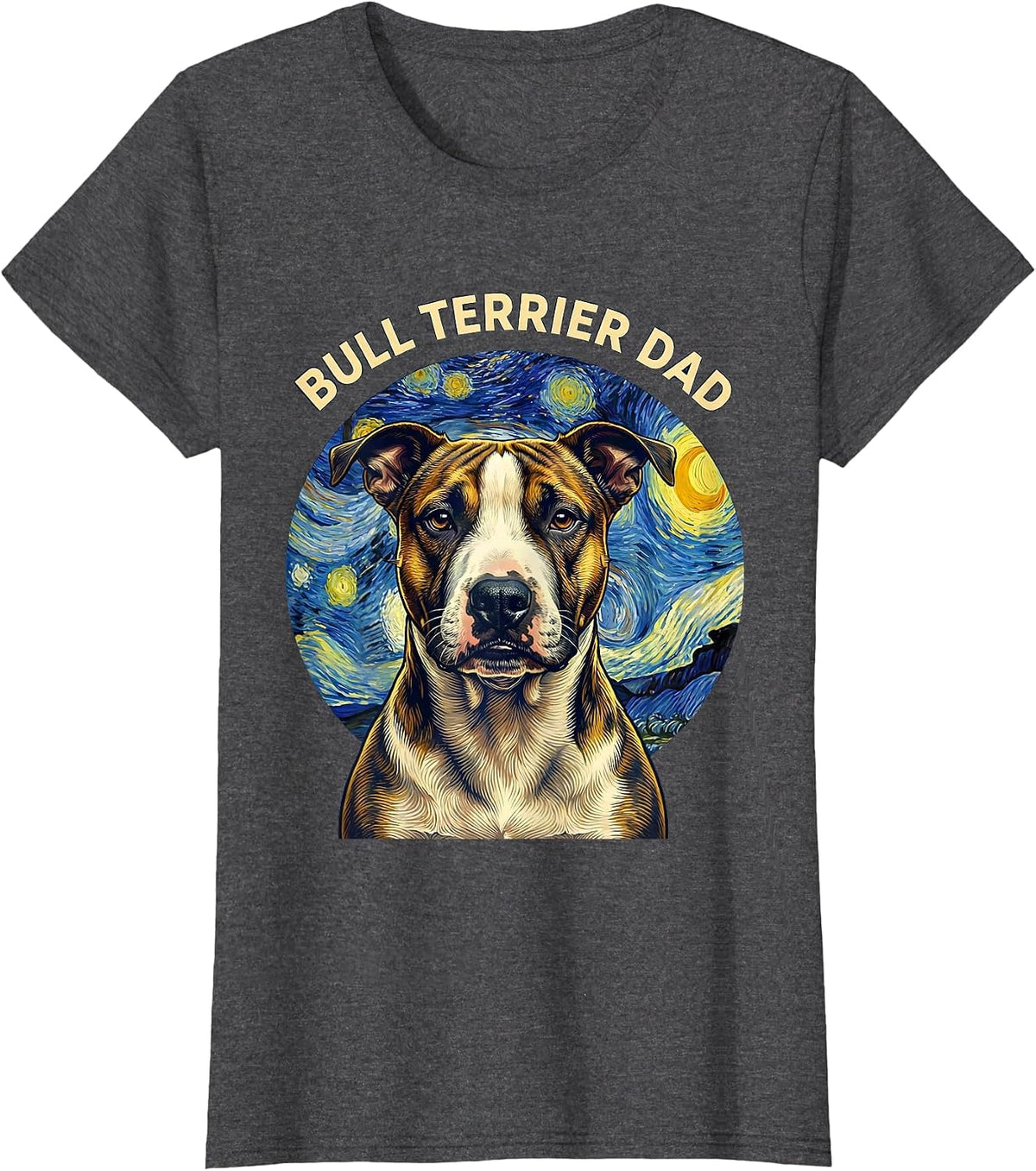 Women's Bull Terrier Dad Whimsical Art Homage Dog Breed Portrait T-Shirt - Dark Heather Grey