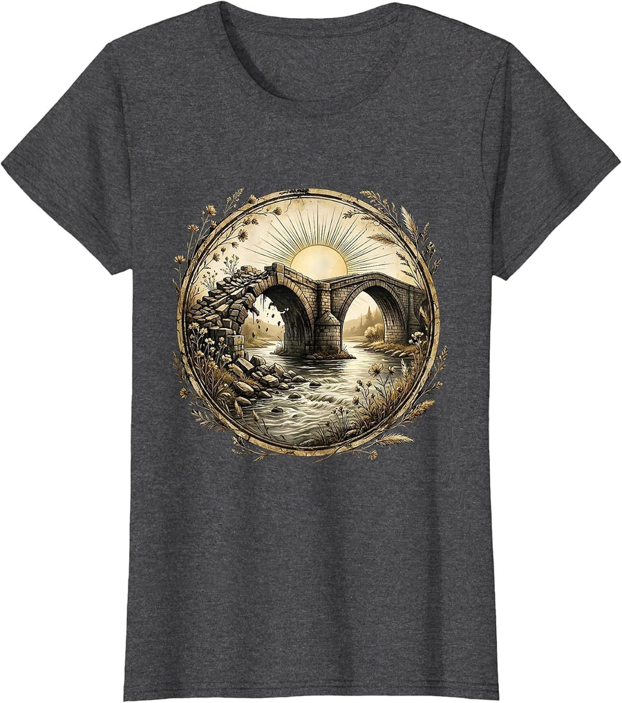 Women's Old Bridge Giving Way to New One Graphic Tee T-Shirt - Dark Heather Grey