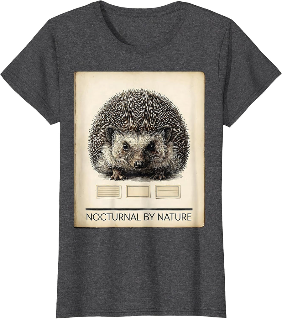 Women's Nocturnal By Nature Botanical Hedgehog Lover Quirky Humor T-Shirt - Dark Heather Grey