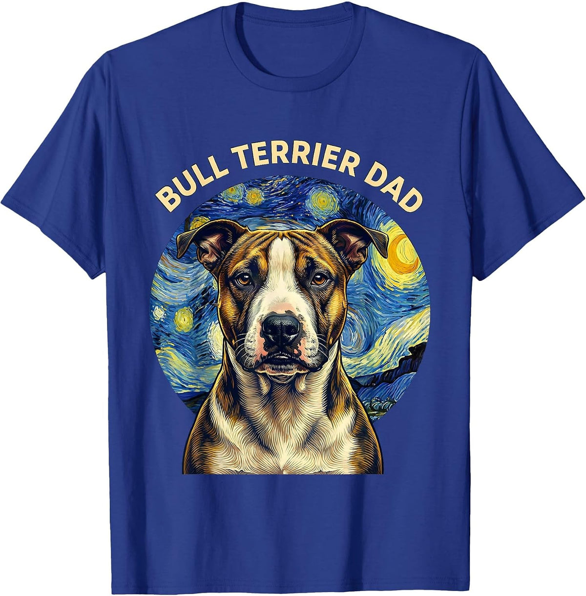 Men's Bull Terrier Dad Whimsical Art Homage Dog Breed Portrait T-Shirt - Royal Blue