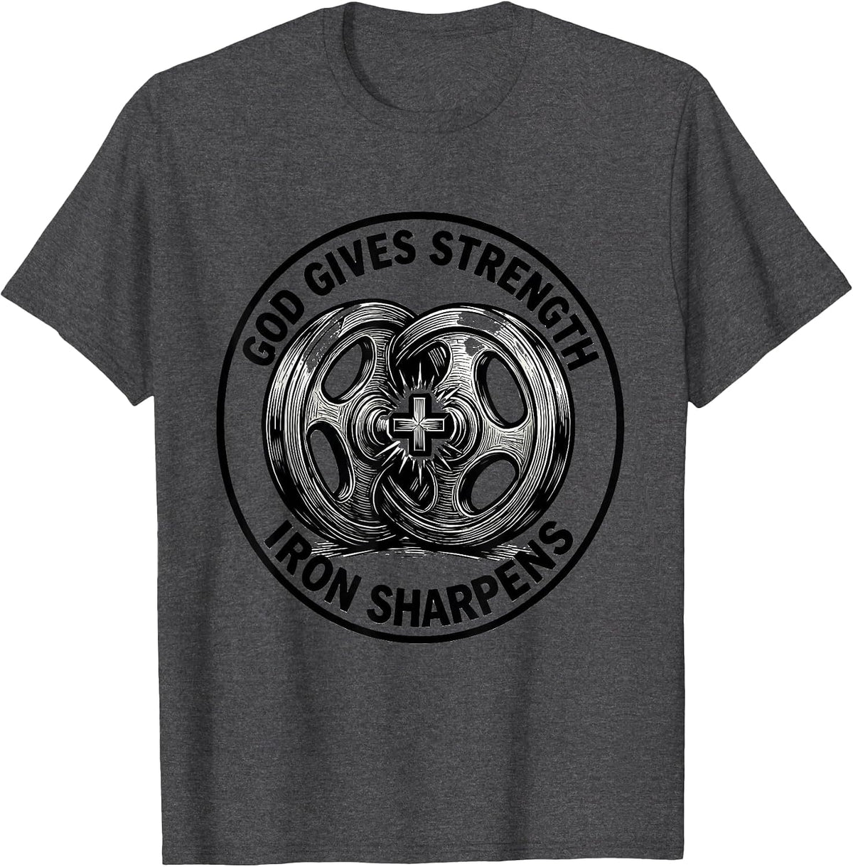 God Gives Strength Iron Sharpens Christian Men Gym Workout T-Shirt - Dark Heather Grey
