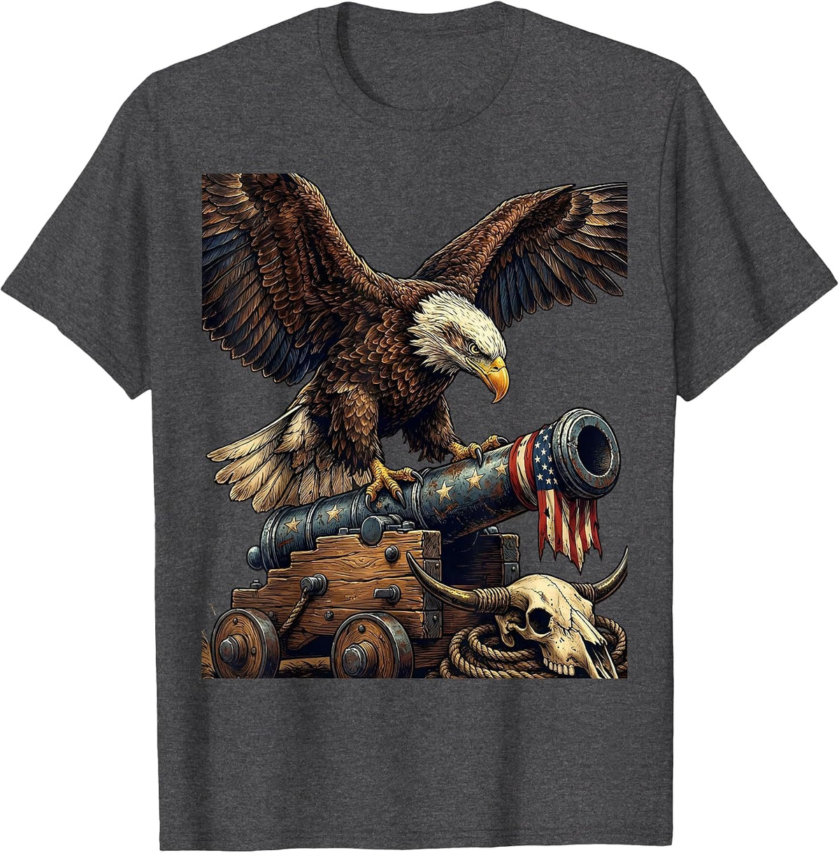 Men's Red White and Blue Eagle on Cannon Graphic T-Shirt - Dark Heather Grey