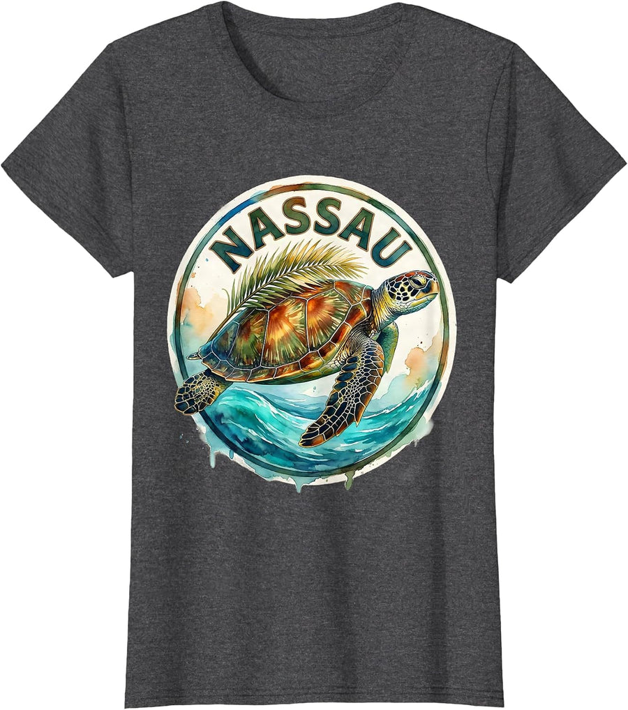 Women's Nassau Watercolor Sea Turtle Tropical Vacation Souvenir T-Shirt - Dark Heather Grey