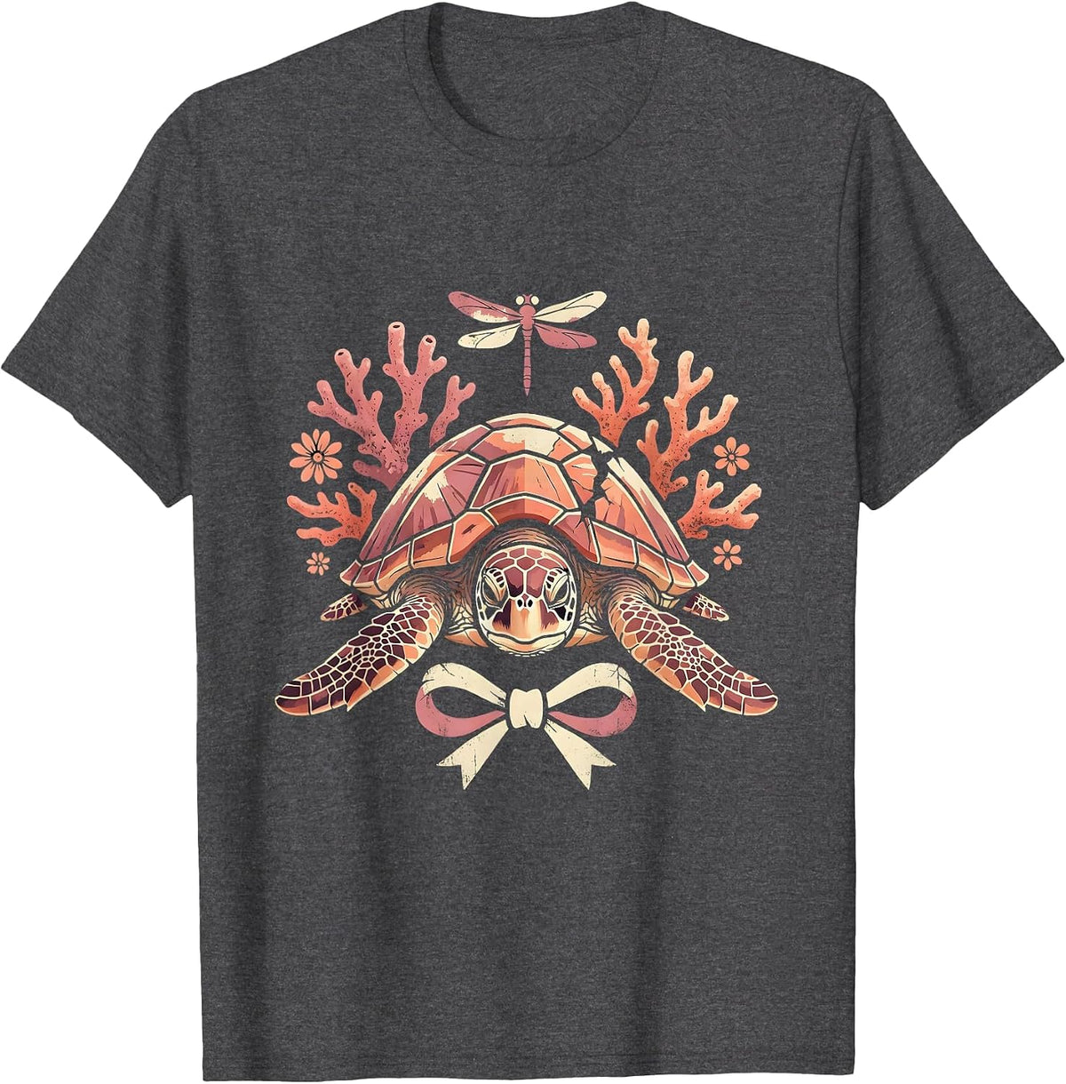 Sea Turtle Pink Coral Breast Cancer Awareness T-Shirt - Dark Heather Grey
