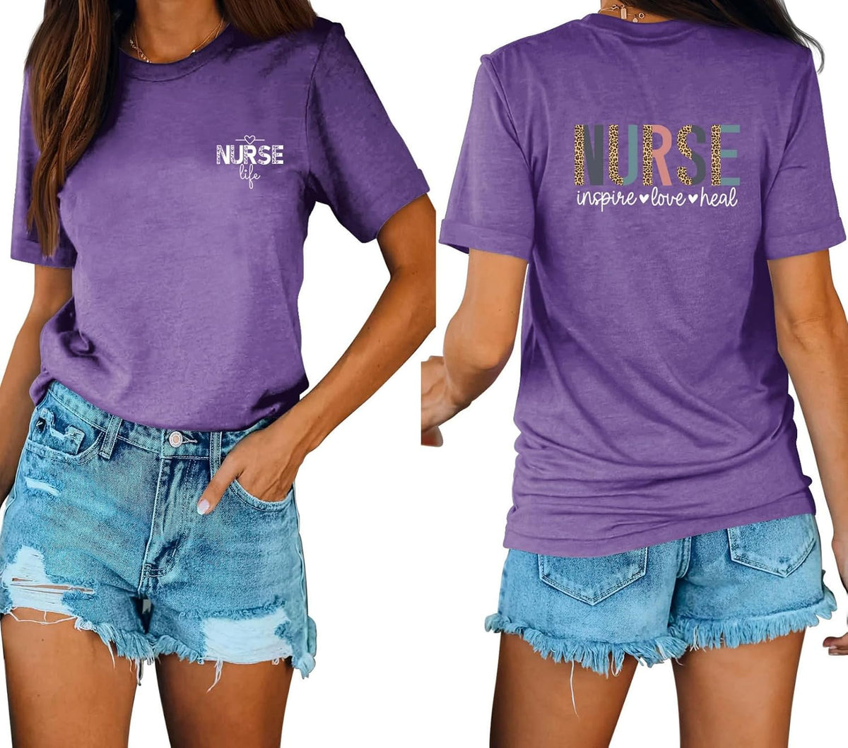 (1PC Printed Front and Back) Nurse Life Shirt Womens Funny Letter Printed Tee School Nursing Short Sleeve - Purple