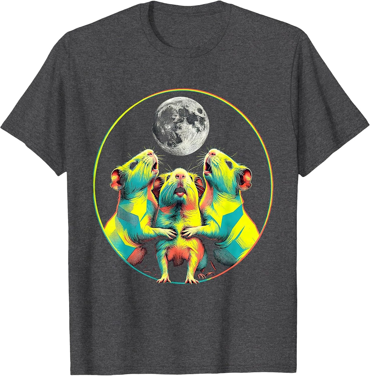 Three Hairless Guinea Pigs Howl At Moon Risograph Parody T-Shirt - Dark Heather Grey