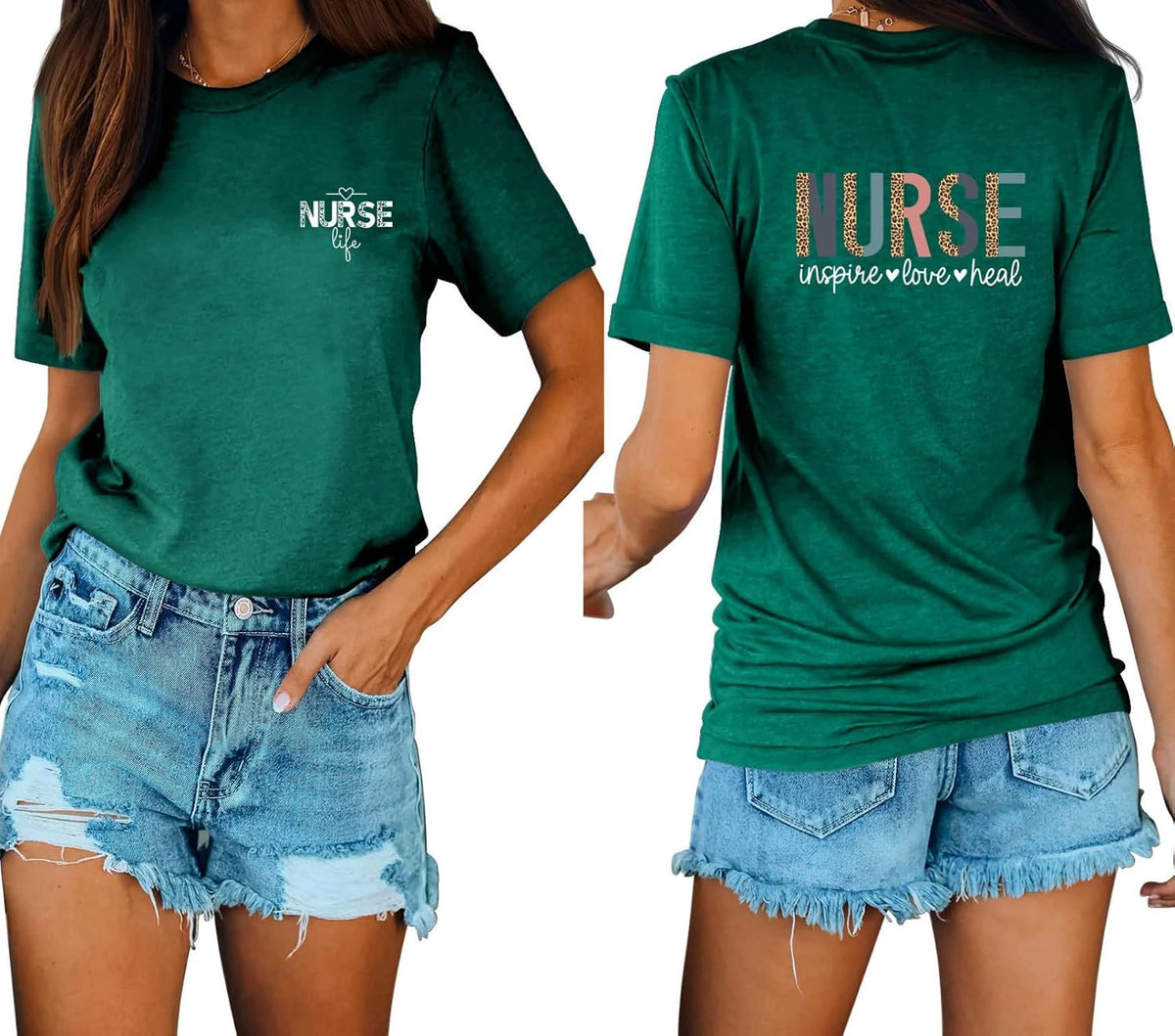 (1PC Printed Front and Back) Nurse Life Shirt Womens Funny Letter Printed Tee School Nursing Short Sleeve - Dark Green