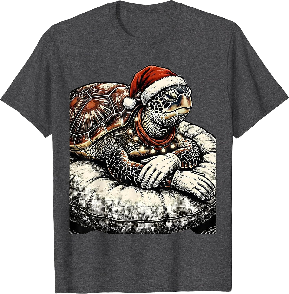 Sea Turtle Santa Hat Retro Cartoon Holiday Novelty T-Shirt - Dark Heather Grey