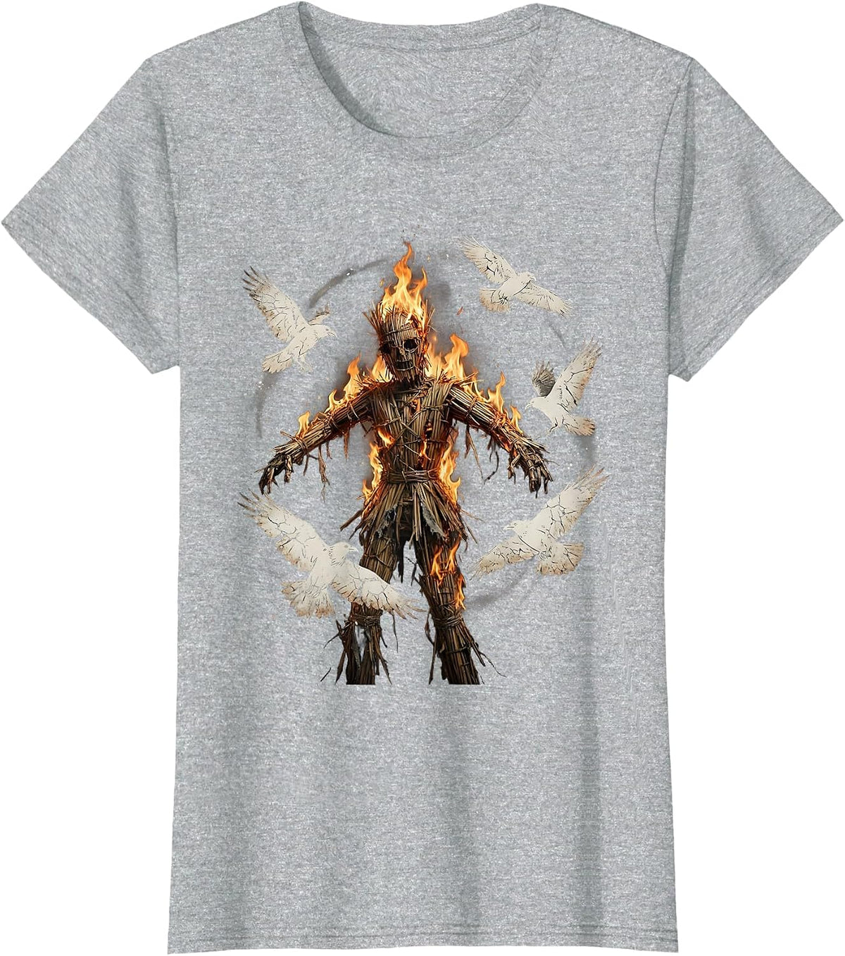 Burning Effigy and Ravens Dark Horror Graphic T-Shirt - Heather Grey