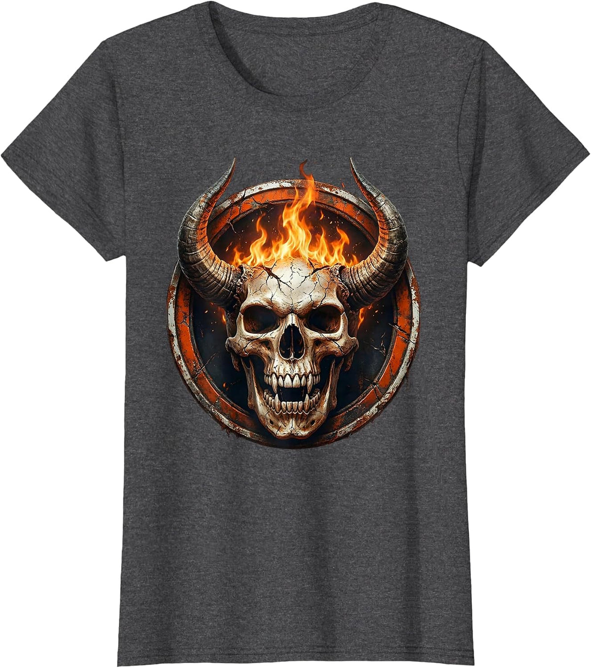 Women's Horned Demon Skull Fire Breathing Dark Art Design T-Shirt - Dark Heather Grey