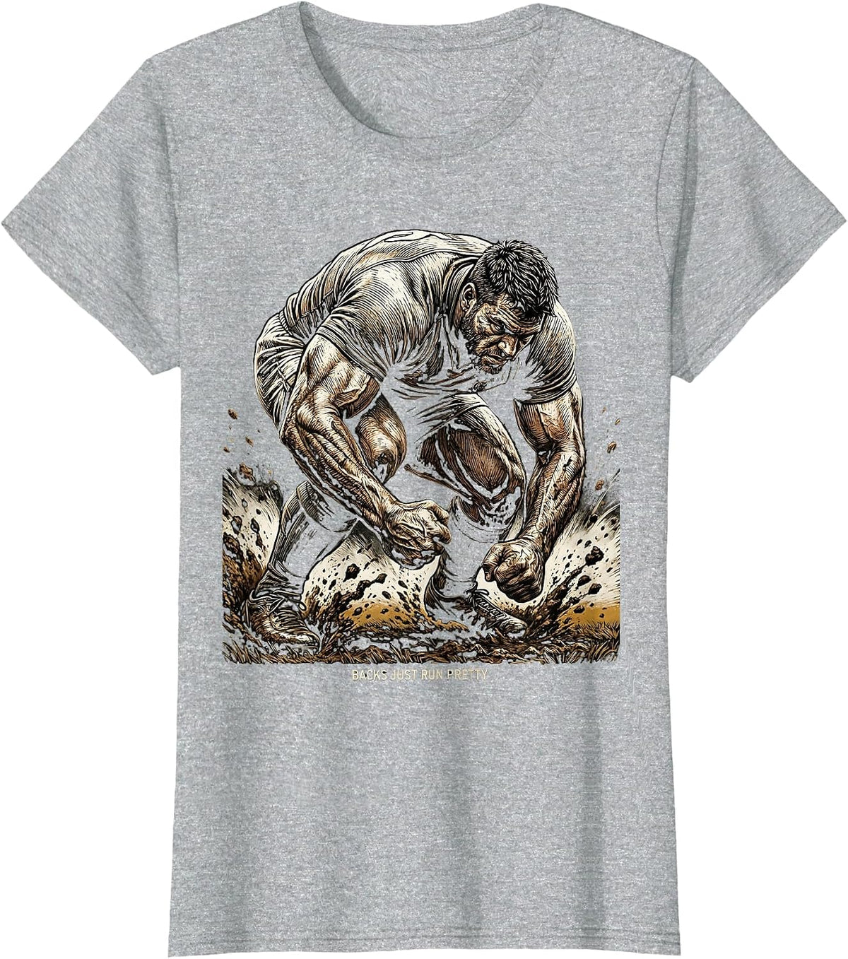 Backs Just Run Pretty Rugby Graphic Design T-Shirt - Heather Grey