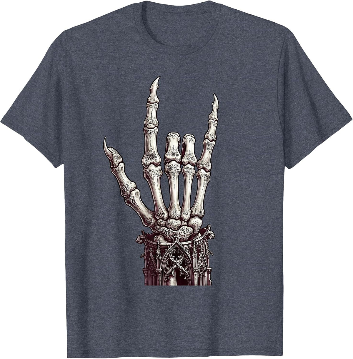 Skeletal Devil Horns Punk Rock Hand Sign T-Shirt - Heather Blue
