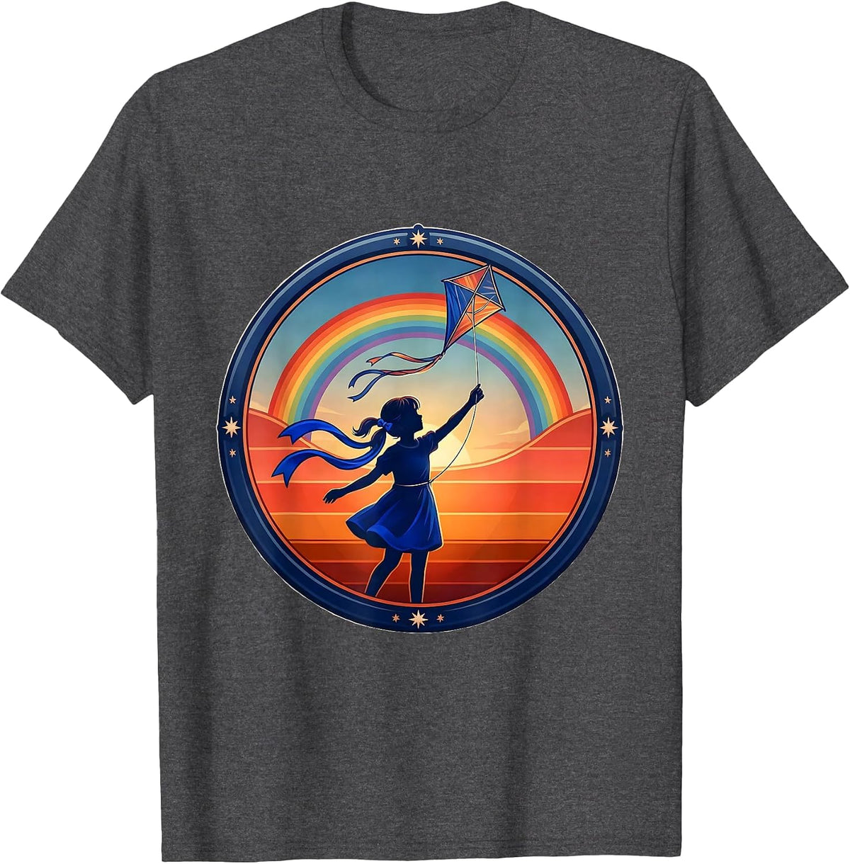 Red White and Blue Kite Flying Girl Graphic T-Shirt - Dark Heather Grey