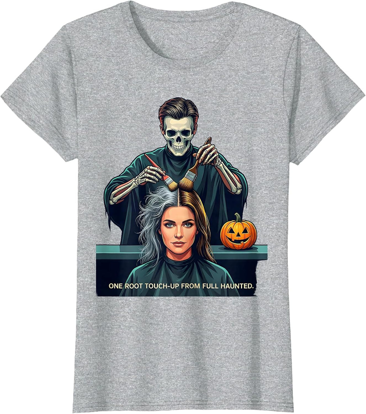 One Root Touch-Up From Full Haunted Funny Skeleton T-Shirt - Heather Grey