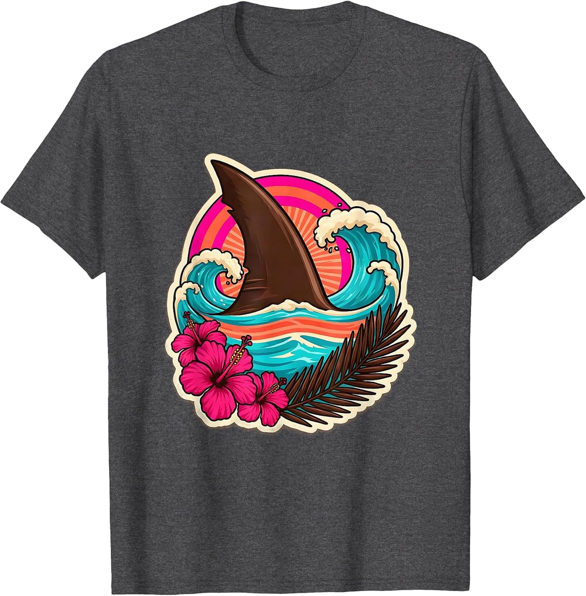Men's Kids Shark Fin Ocean Waves Hawaiian Design T-Shirt - Dark Heather Grey
