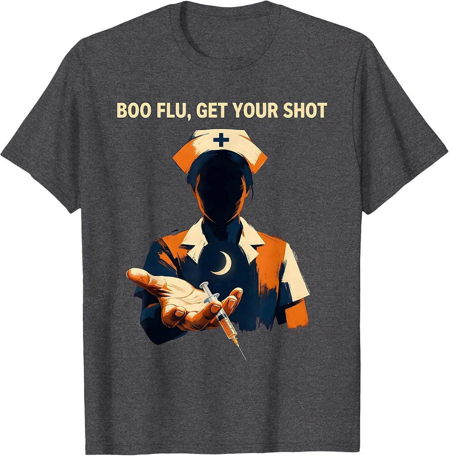 Men's Boo Flu Get Your Shot Funny Nurse Halloween Vaccine Humor T-Shirt - Dark Heather Grey