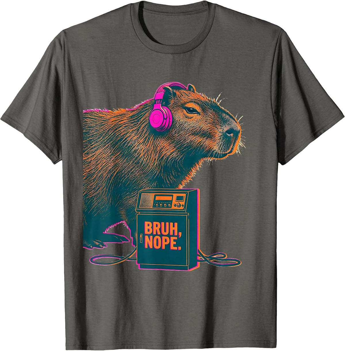 Men's Bruh Nope Risograph Capybara Gamer Meme Humor T-Shirt - Asphalt Grey