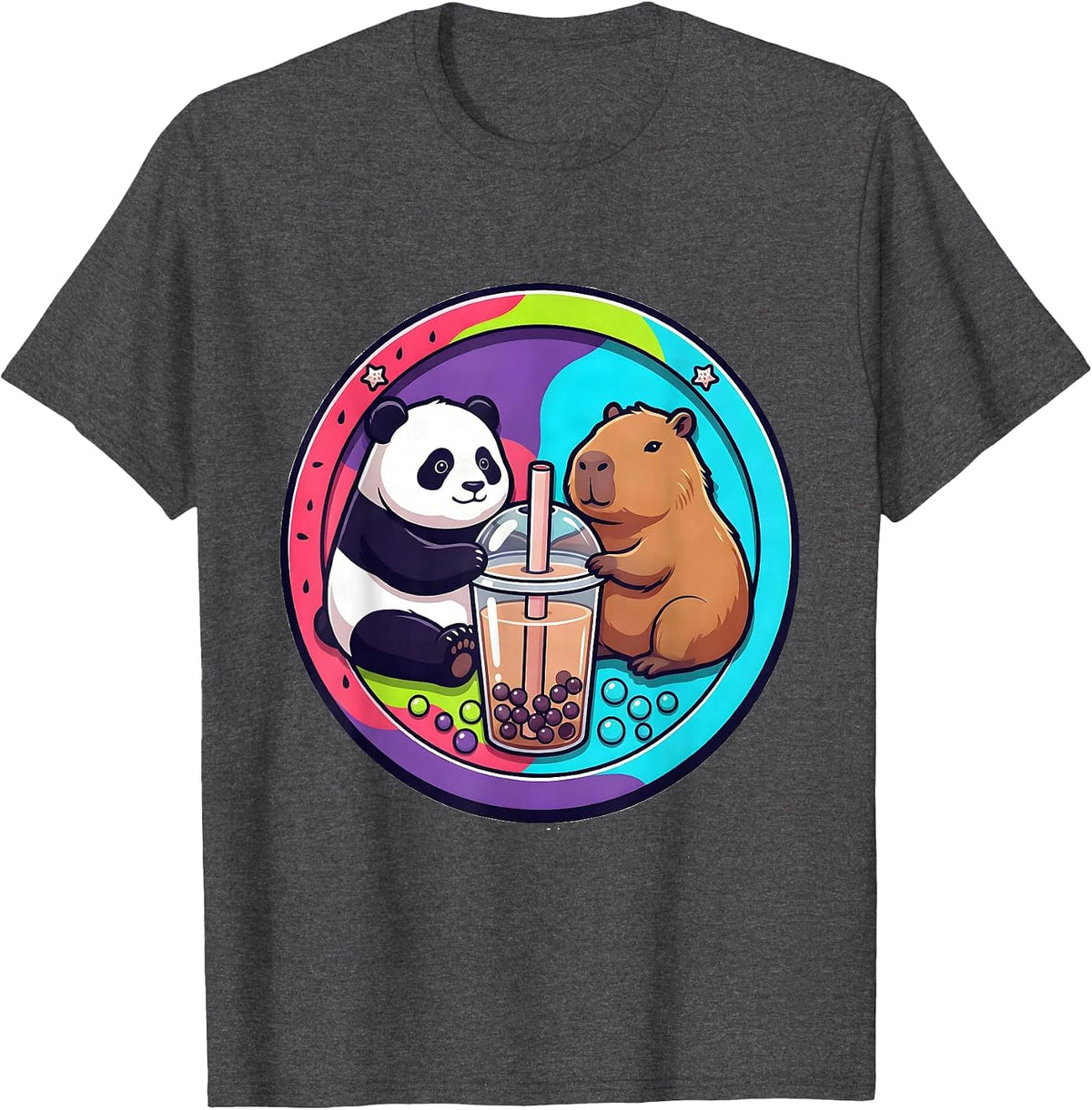Men's Chibi Panda Capybara Boba Cup Kawaii Anime Cute T-Shirt - Dark Heather Grey