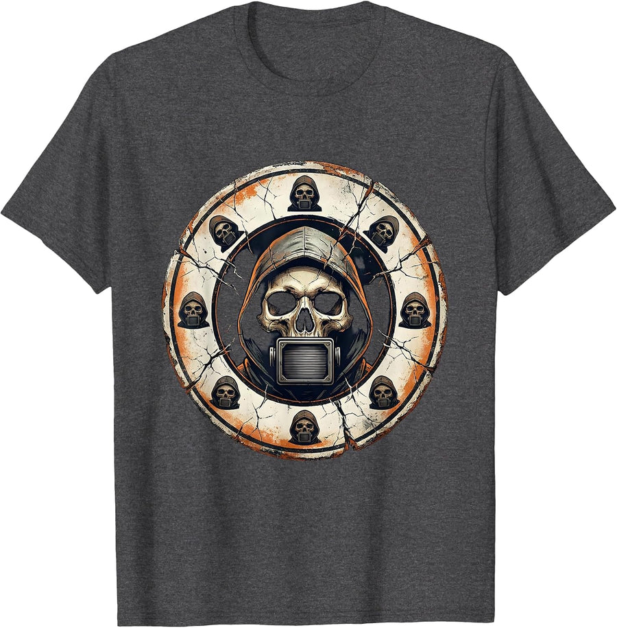 Men's Sealed Gamma Camera Detector Skull Badge Radiology Tech T-Shirt - Dark Heather Grey