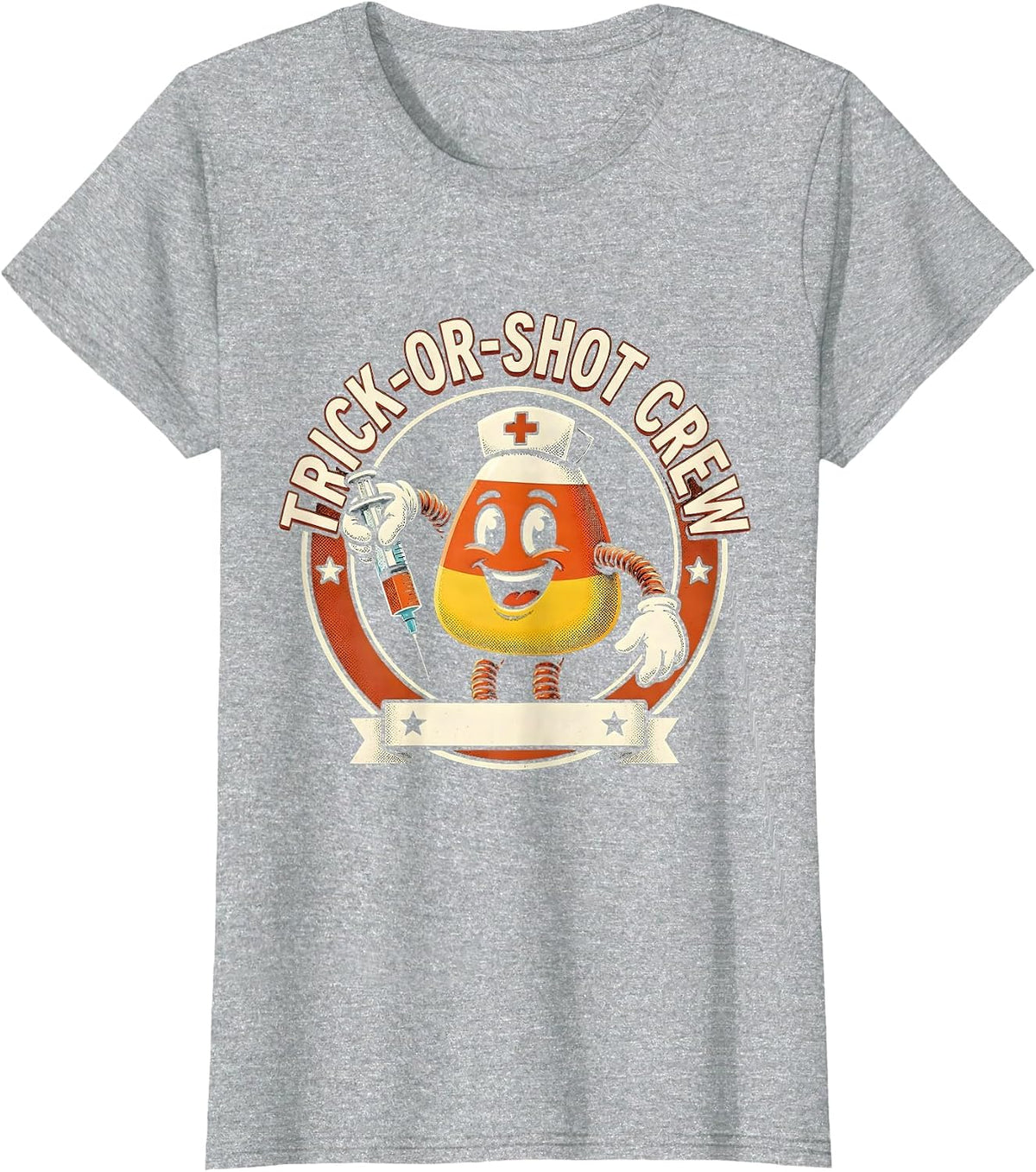 Trick-Or-Shot Crew Retro Cartoon Nurse Halloween Humor T-Shirt - Heather Grey