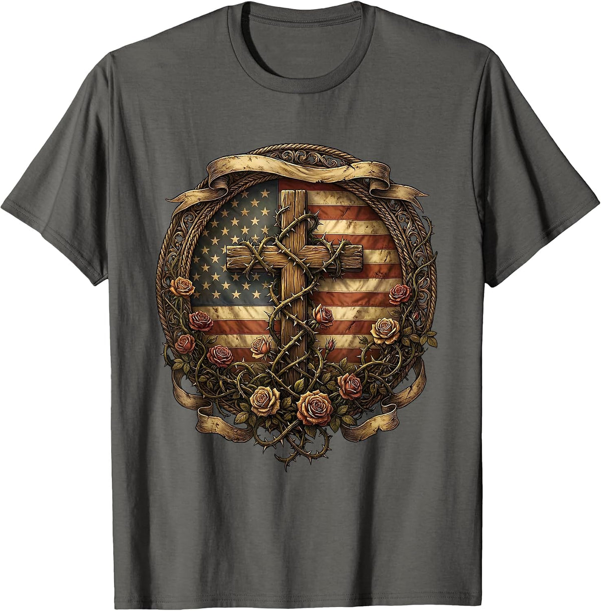 Men's Cross Wrapped in Thorny Rose Vines Graphic T-Shirt - Asphalt Grey