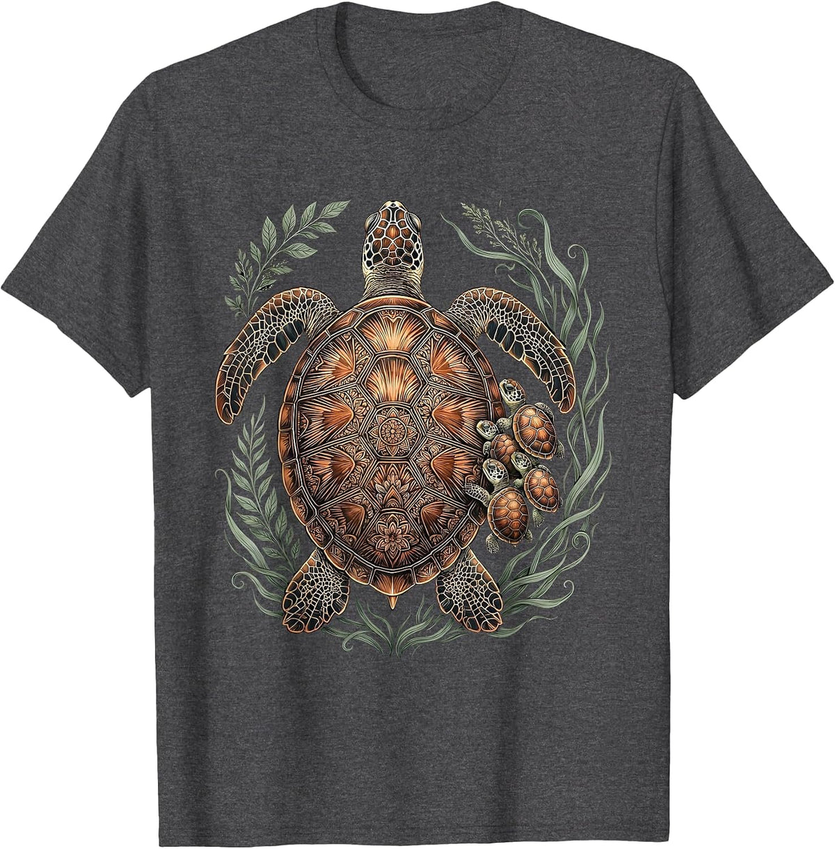 Mother Sea Turtle and Hatchlings Beach Illustration T-Shirt - Dark Heather Grey